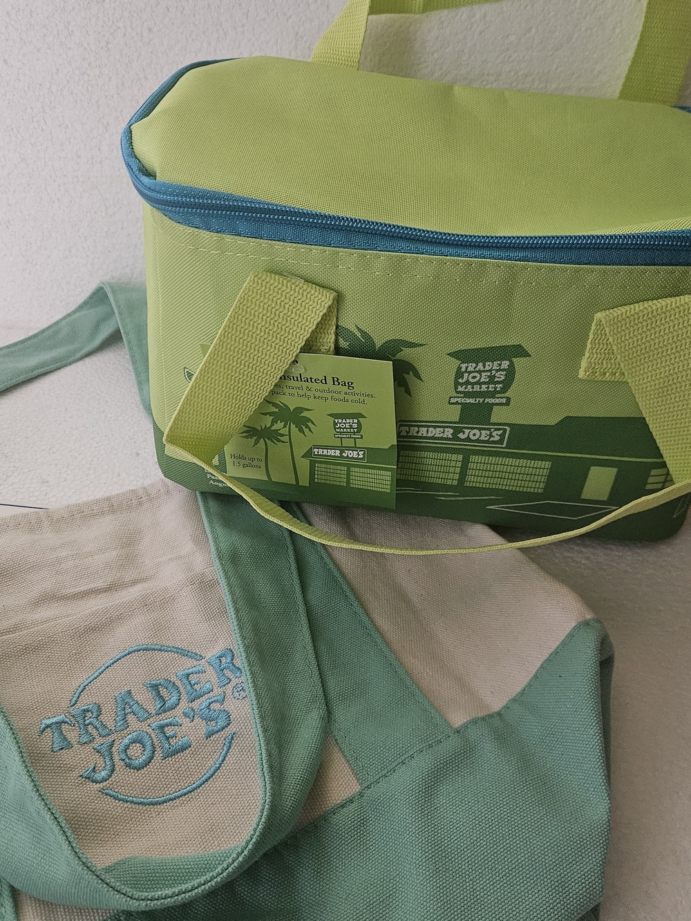 Trader Joe's Lime Green Insulated Mini Bag and Pastel Green Canvas Tote Set